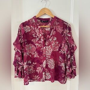 ZARA Floral Ruffle-Sleeve Blouse - Berry Pink and White